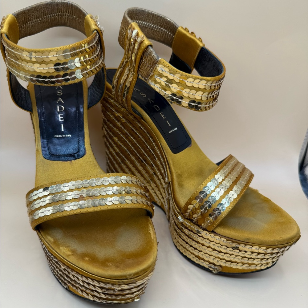 Casadei Gold Sequin Platform Wedge Sandals
